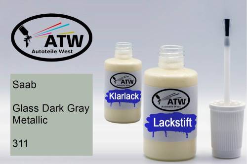 Saab, Glass Dark Gray Metallic, 311: 20ml Lackstift + 20ml Klarlack - Set, von ATW Autoteile West.